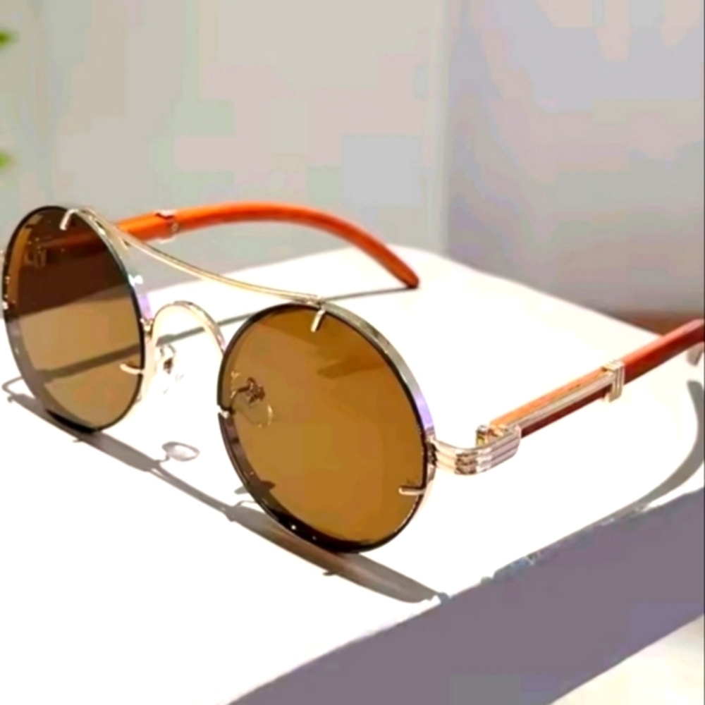 Ladies Round Gold and Brown Sunglasses